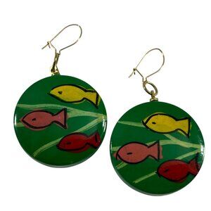 Hand Painted Wood Fish Earrings Green Round Dangle Tropical Boho Art Ocean